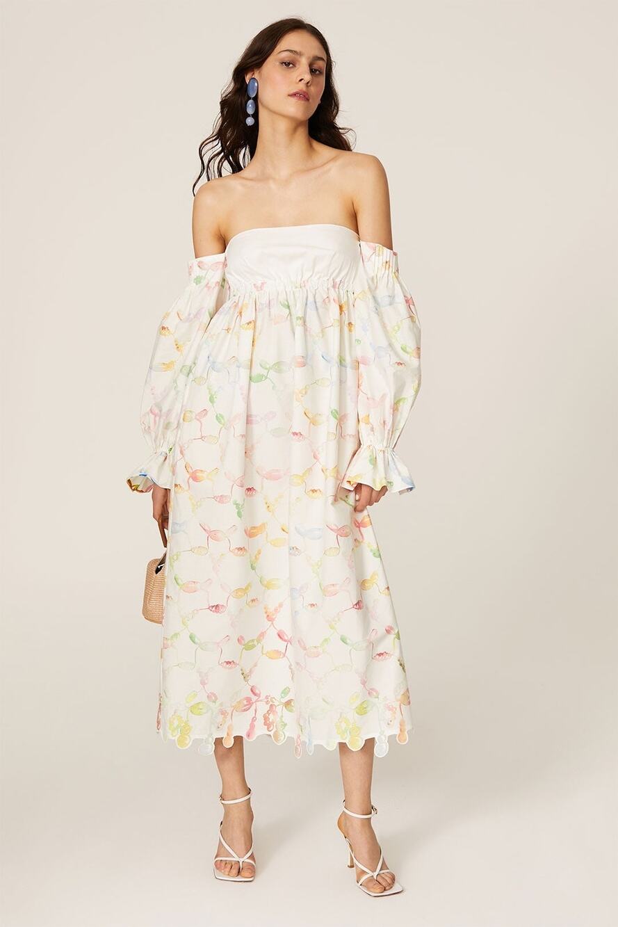 Rosie Assoulin Watercolor Print Cotton Strapless Maxi Dress Bell Sleeve 4